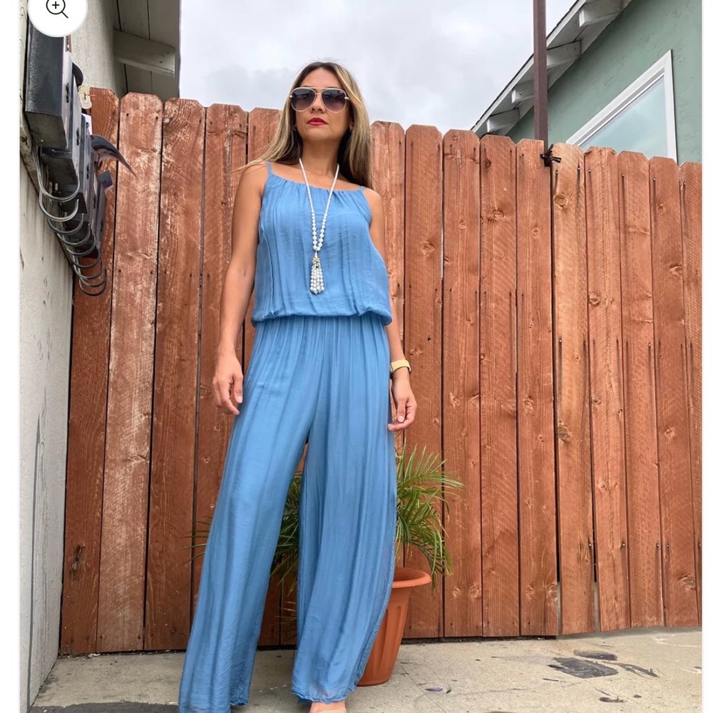Italian Moda blue silk pants jumpsuit. Size S. NWT